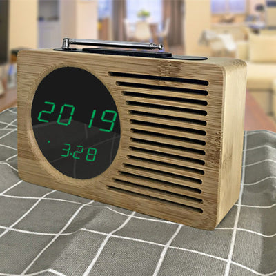 Bamboo LED Clock Radio with FM electronics and green digital display. Eco-friendly alarm clock for modern home decor in Home & Garden category.
