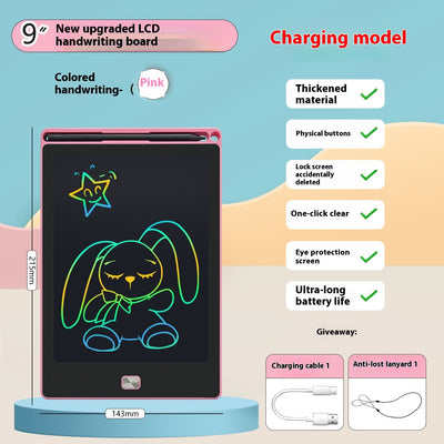 LCD Writing Board - USB Rechargeable Electronics in pink with 9-inch screen, featuring colored handwriting and eye protection for kids' drawing fun.